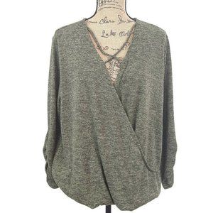 💥5/$25 NWT Charming Charlie sz M Top Green Criss Cross Wrap Front Long Sleeve